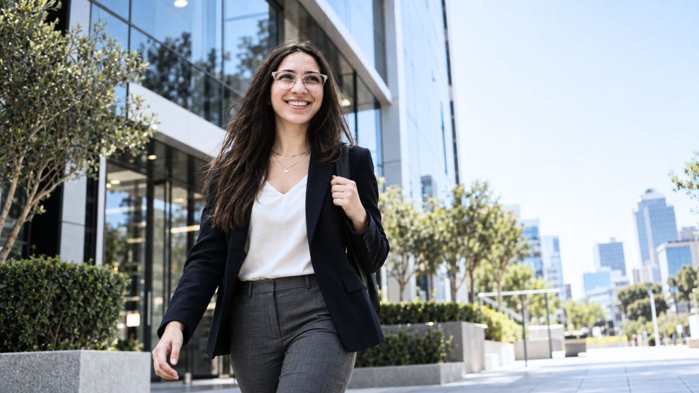 A young woman smiling outside a modern office building